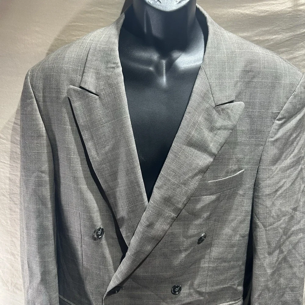 Vintage J. Riggings Mens 42R Double Breasted Blazer Grey Plaid 100% Wool Suit